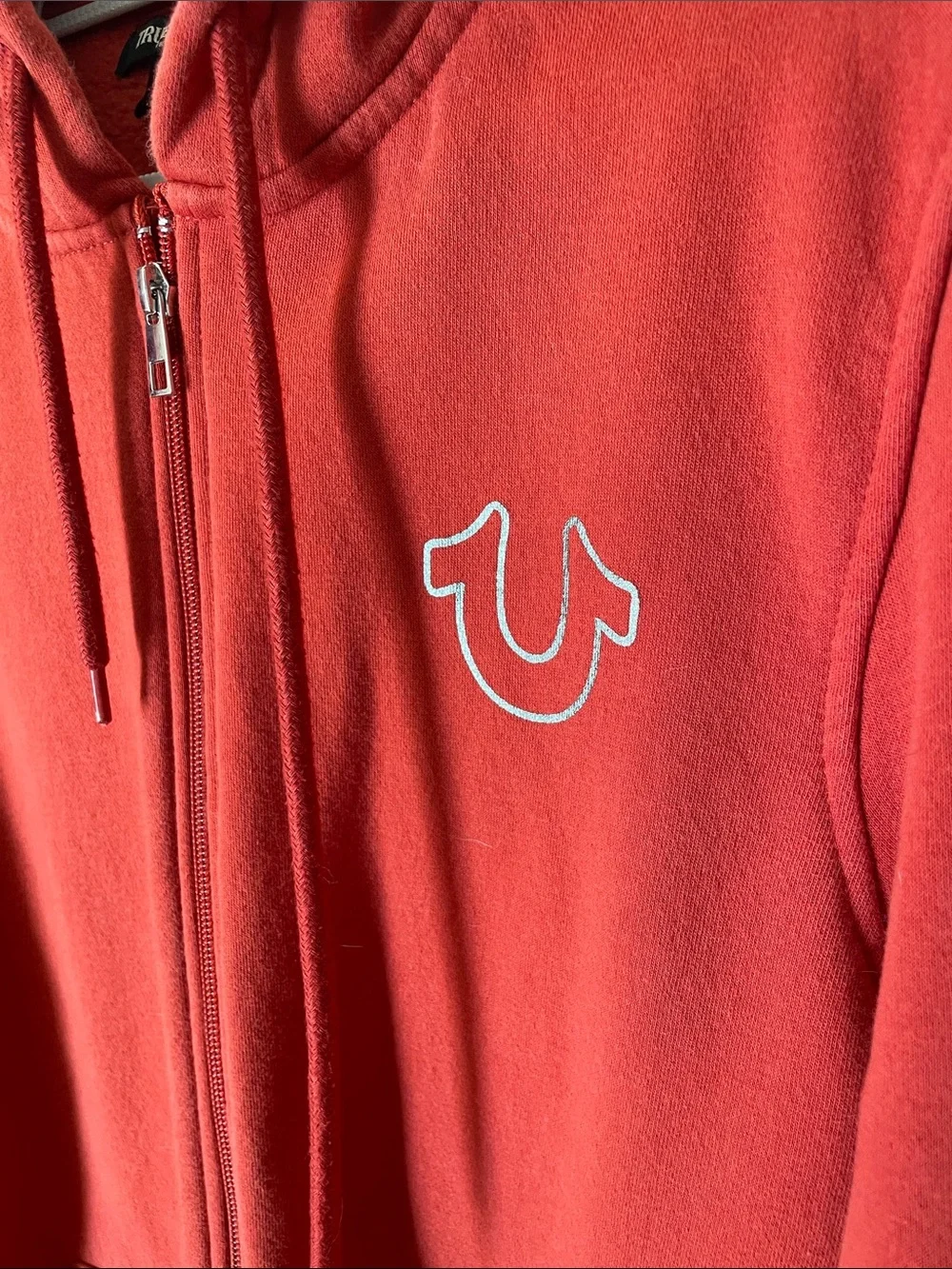 Red True Religion Red Zip-Up Hoodie horseshoe logo on the left chest Size Medium